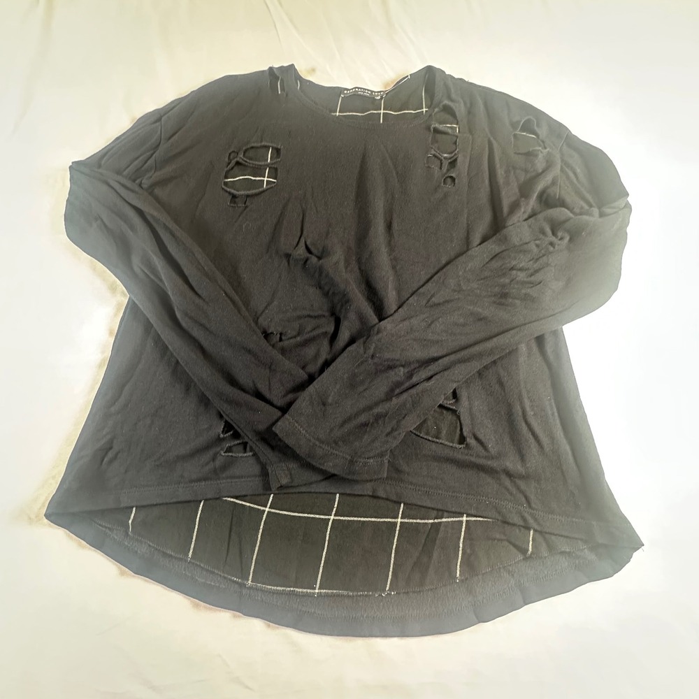 Generation Love Distressed Layered Top Black Windowpane Grid Long Sleeve XS/S